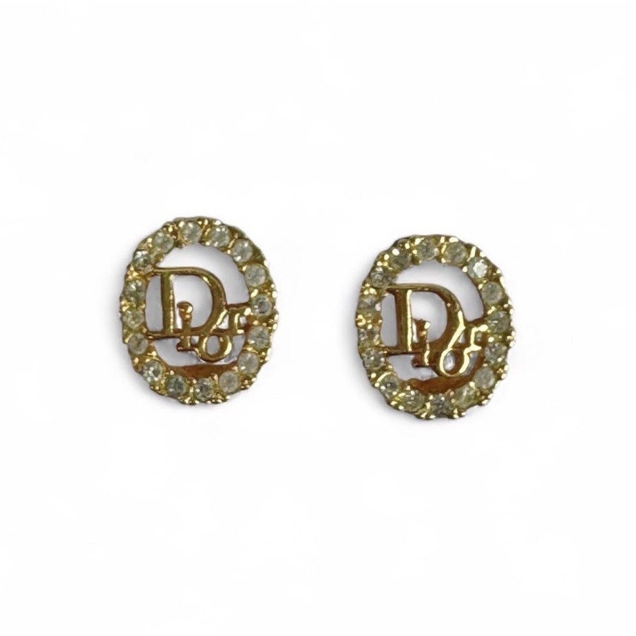 Vintage Christian Dior Logo Earrings Gold Authentic